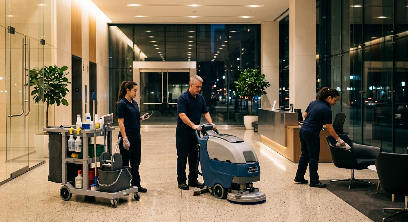 Commercial cleaning crew starting a night shift in an office building