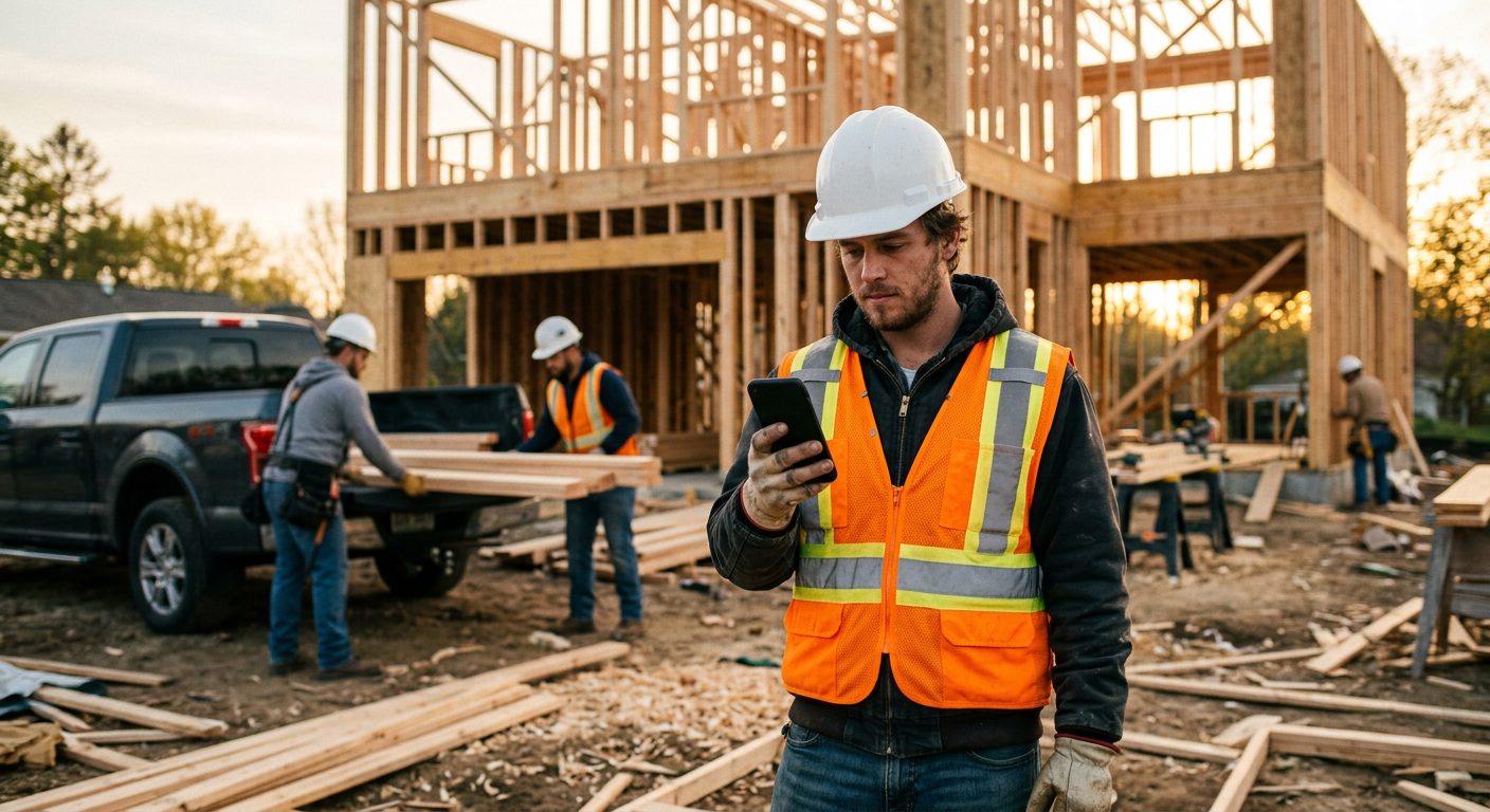 Construction worker with a smartphone at the start of the day on a job site