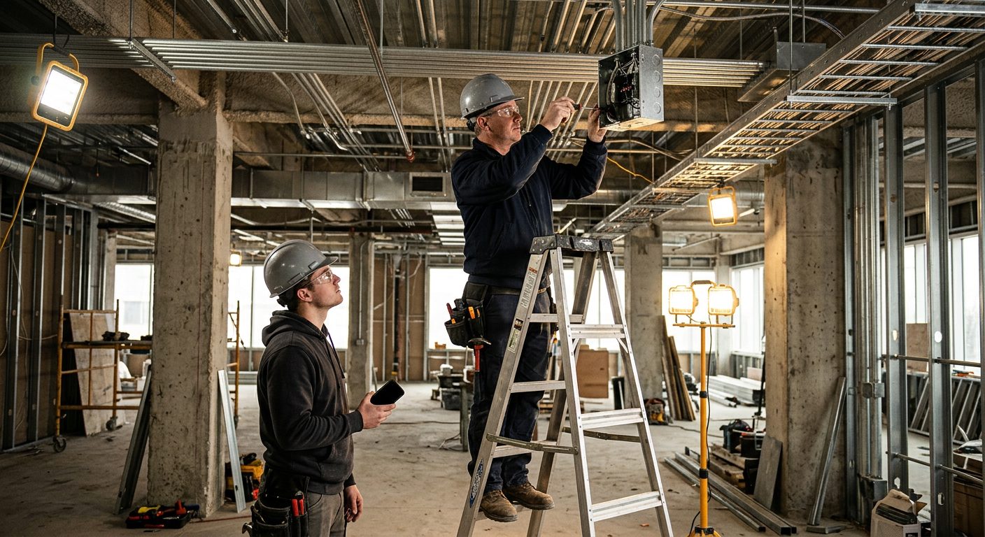 Electricians working on wiring in a commercial building under construction