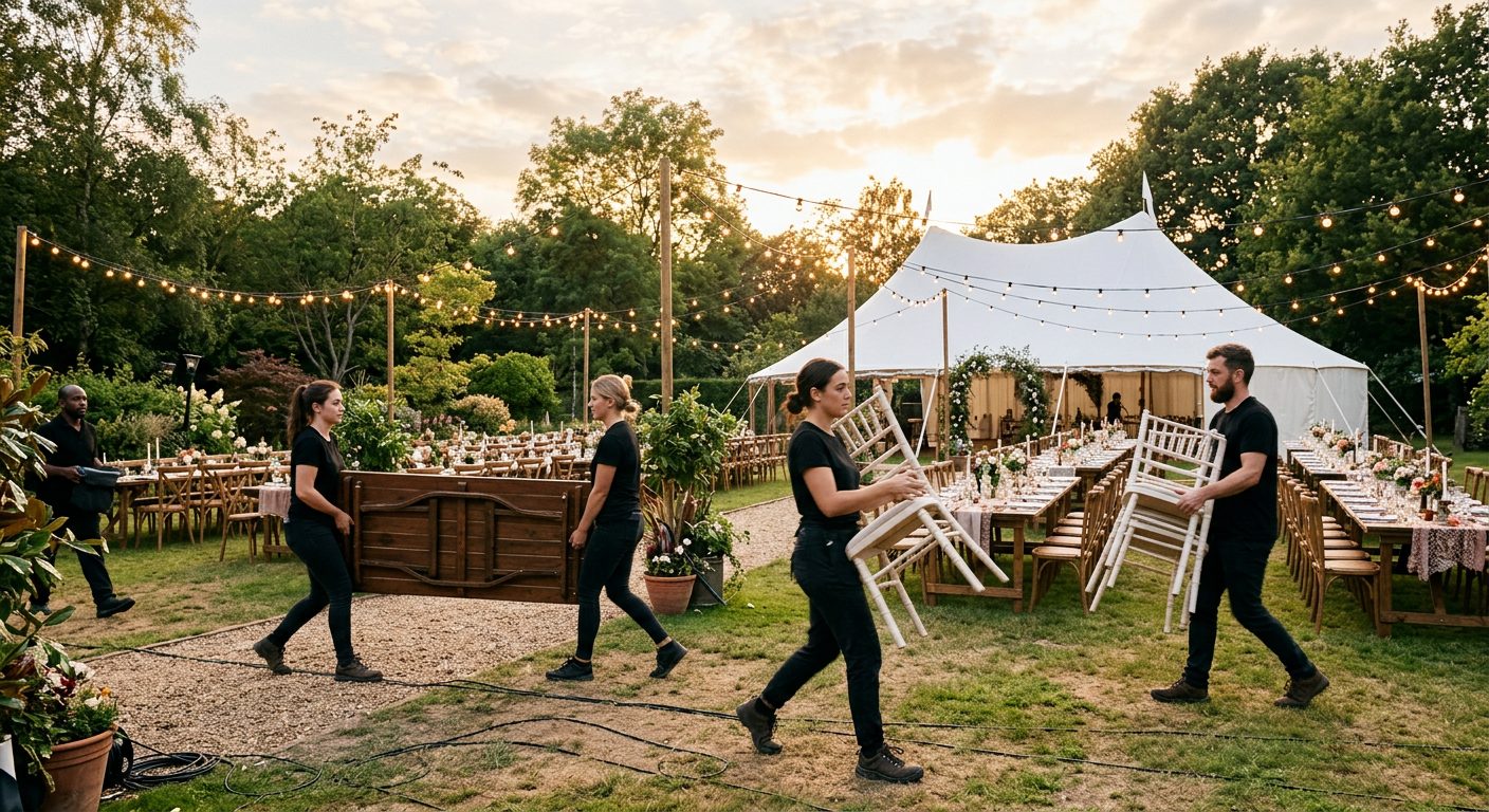 Event and catering crew setting up an outdoor venue