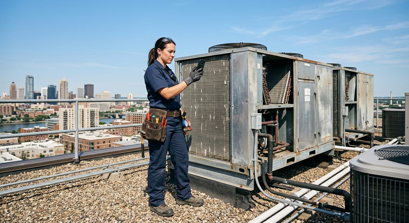 HVAC technician on a rooftop next to air conditioning units