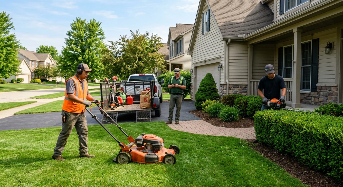 Landscaping crew working on a suburban lawn in the morning