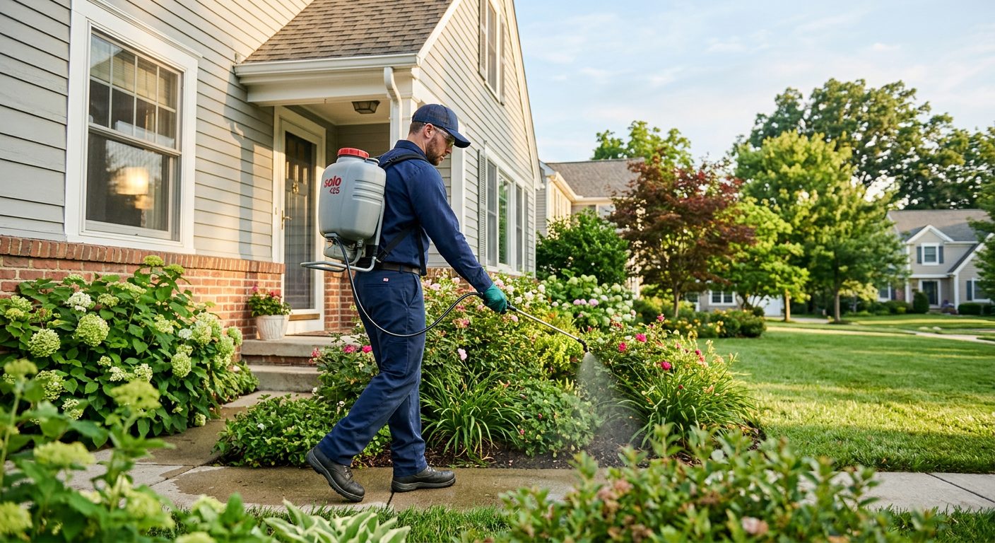 Pest control technician treating the outside of a house