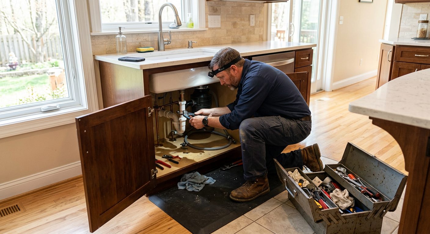 Plumber working under a kitchen sink in a home