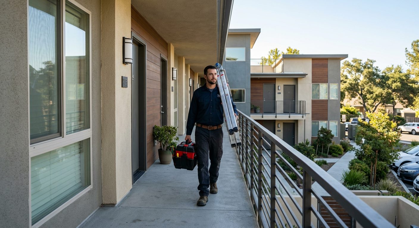 Property maintenance technician walking through an apartment complex