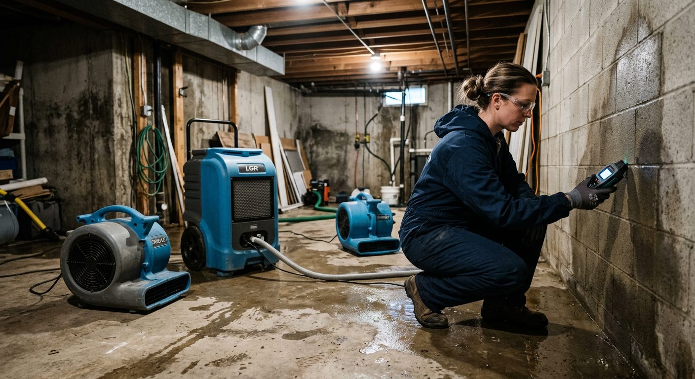 Restoration technician drying a flooded basement with air movers