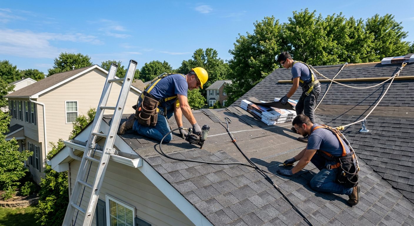 Roofing crew installing shingles on a house