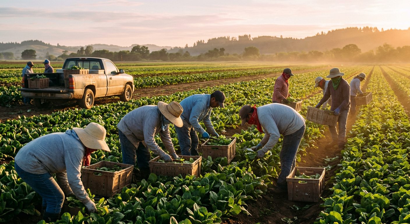 Seasonal farm crew harvesting vegetables at sunrise