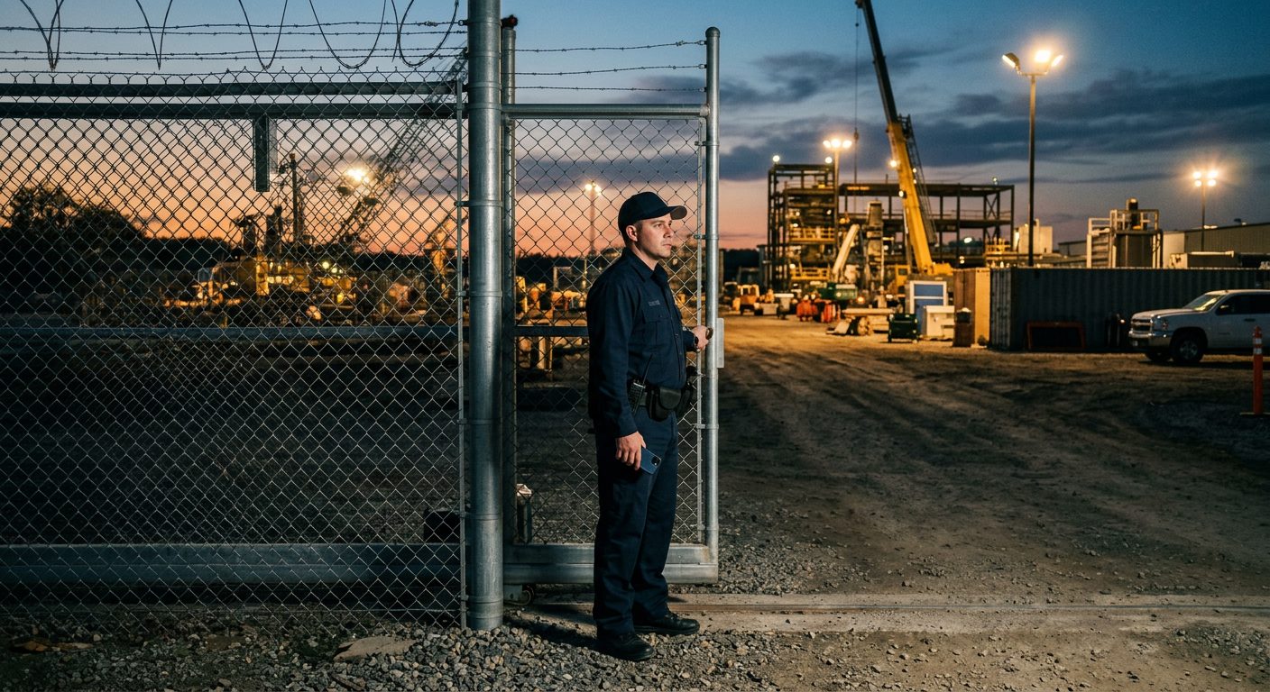 Security guard at the gate of a site at dusk