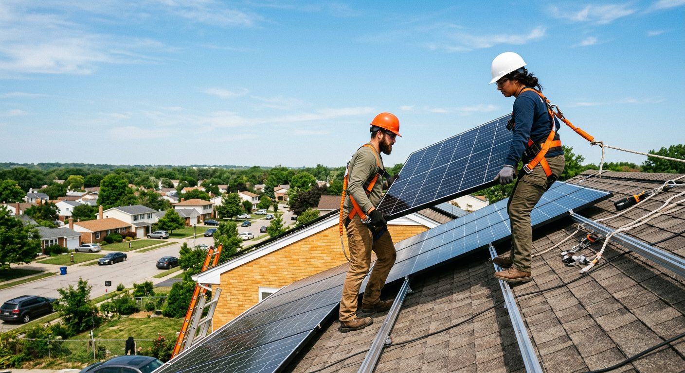 Solar installers mounting panels on a residential roof